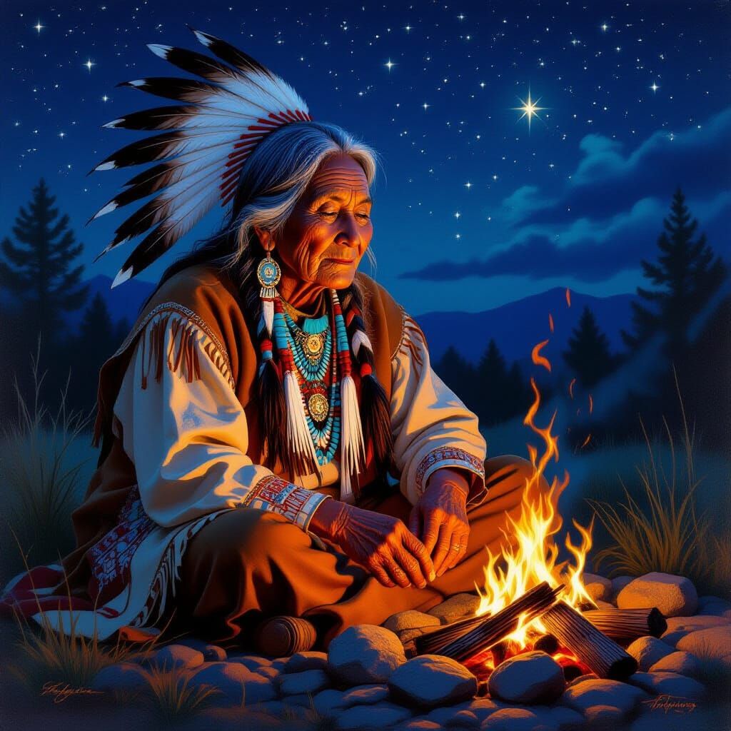 Elderly Native American Woman by Campfire Oil Painting