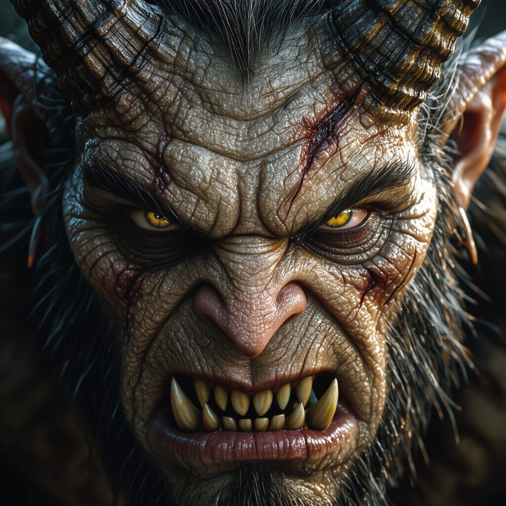 Striking Portrait of a Terrifying Monster with Gentle Eyes