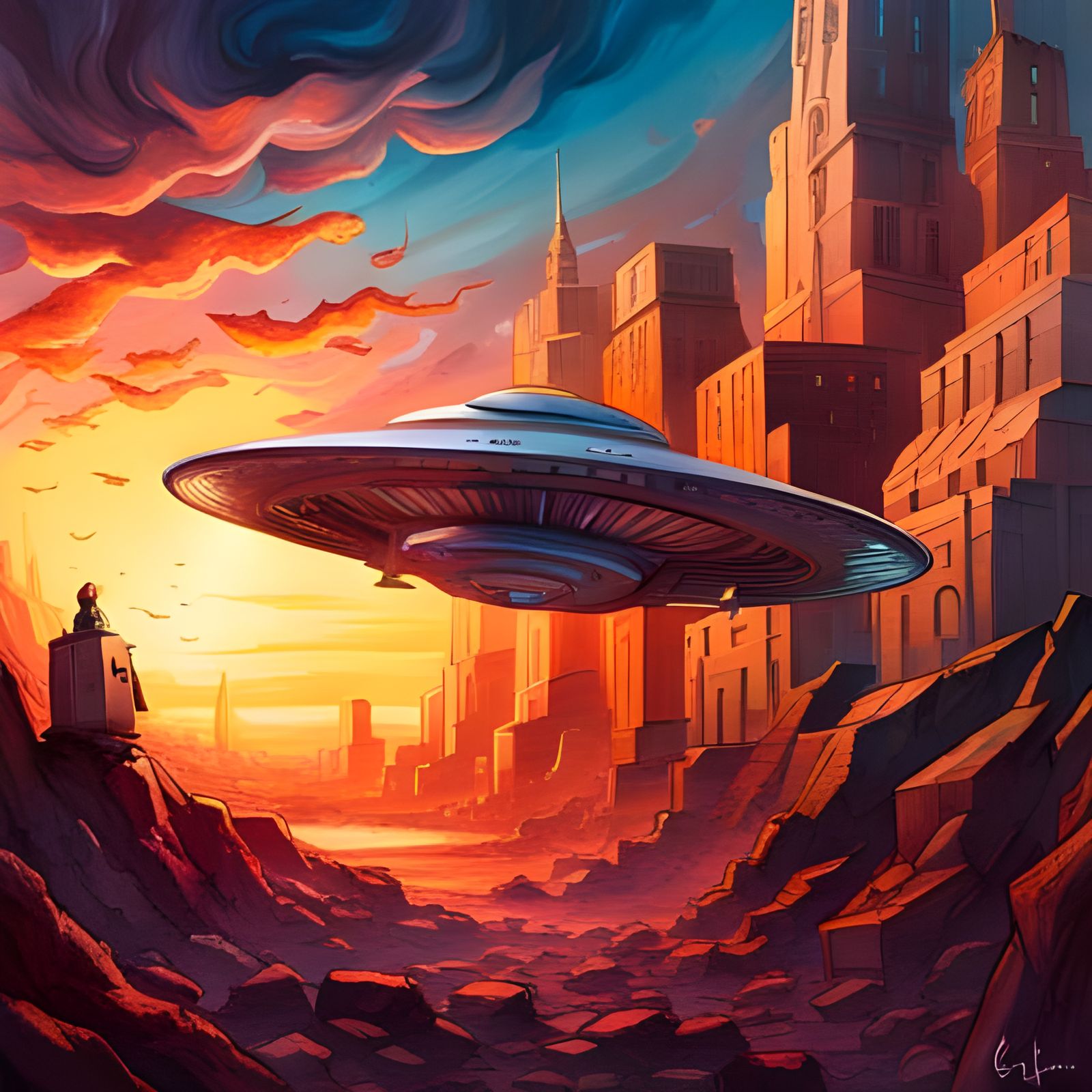 UFO in Flaming Sky: Digital Art Style