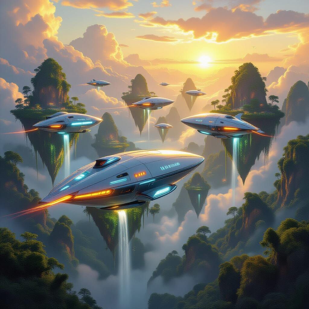 Futuristic Airships Over Floating Jungle Islands at Sunset