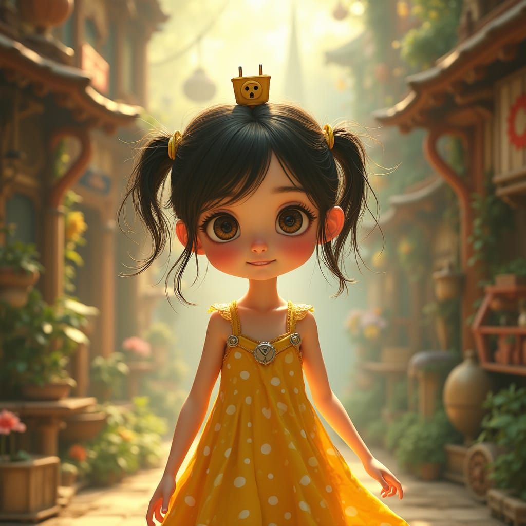 Whimsical Steampunk Girl with Plug-like Hairstyle