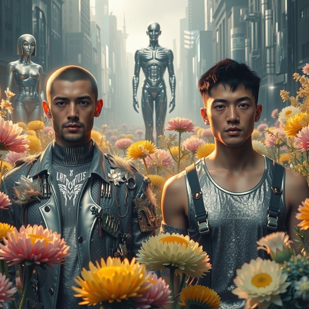 Dieselpunk Men in Metallic Flower Field