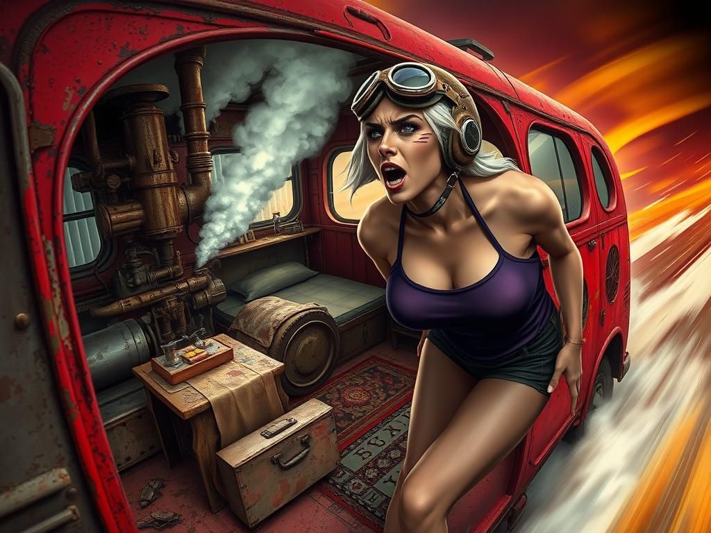 Steampunk Flying Bus with Sioux Pilot