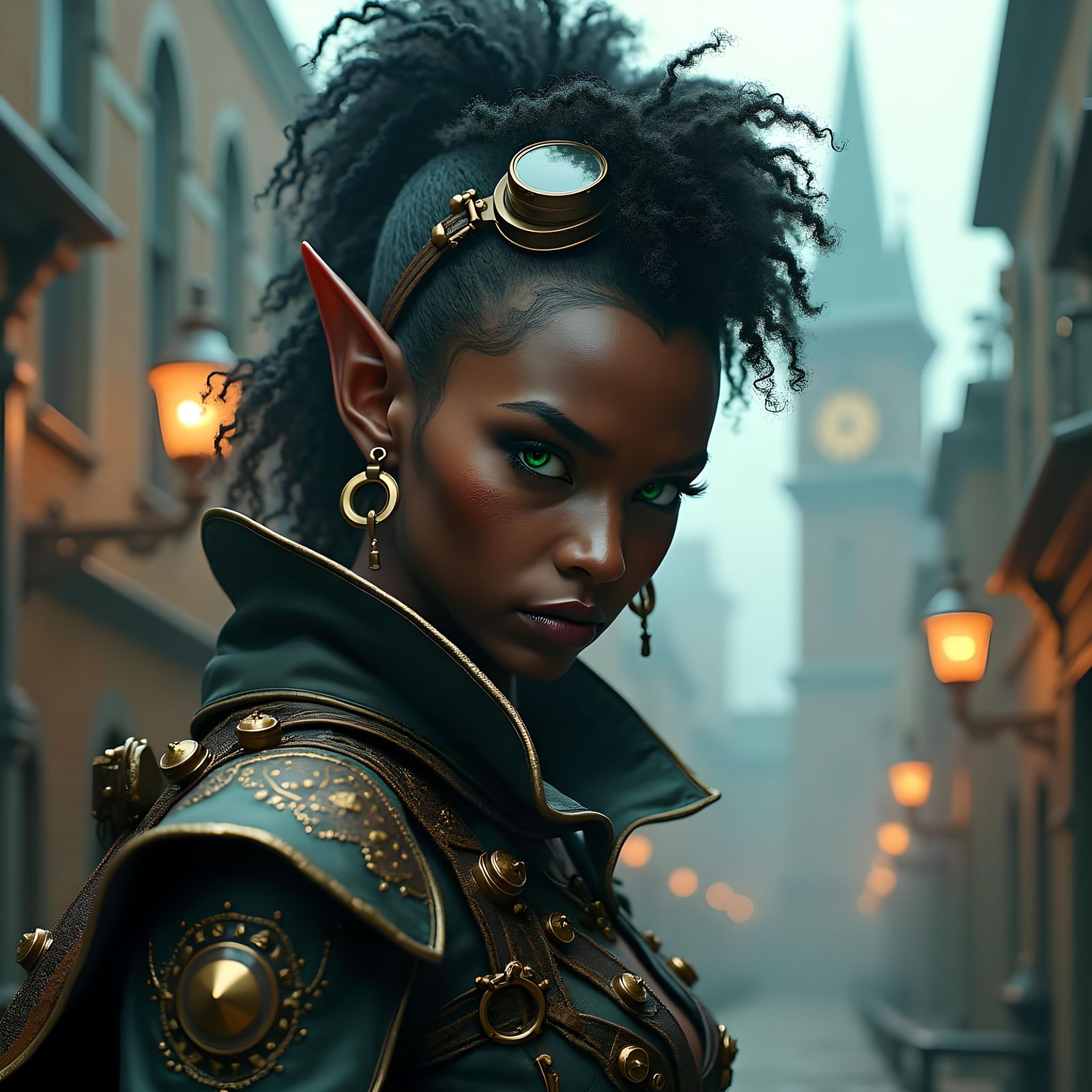Steampunk Drow Elf Mage in Detailed Cityscape
