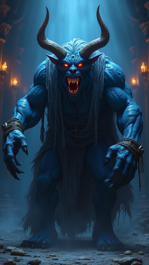 Giant Blue Oni in Torchlit Hall, Fantasy Art