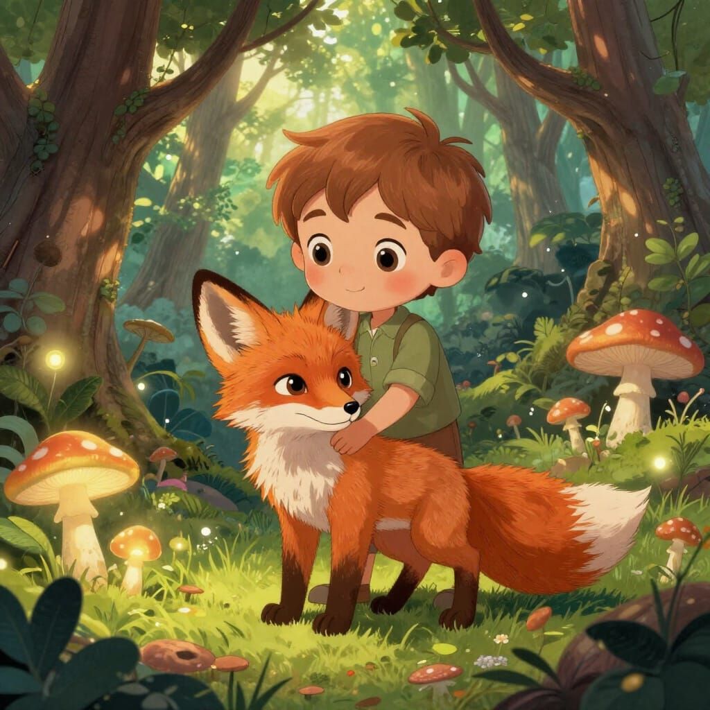 Boy Becomes Fox Cub in Magical Forest Storybook Style
