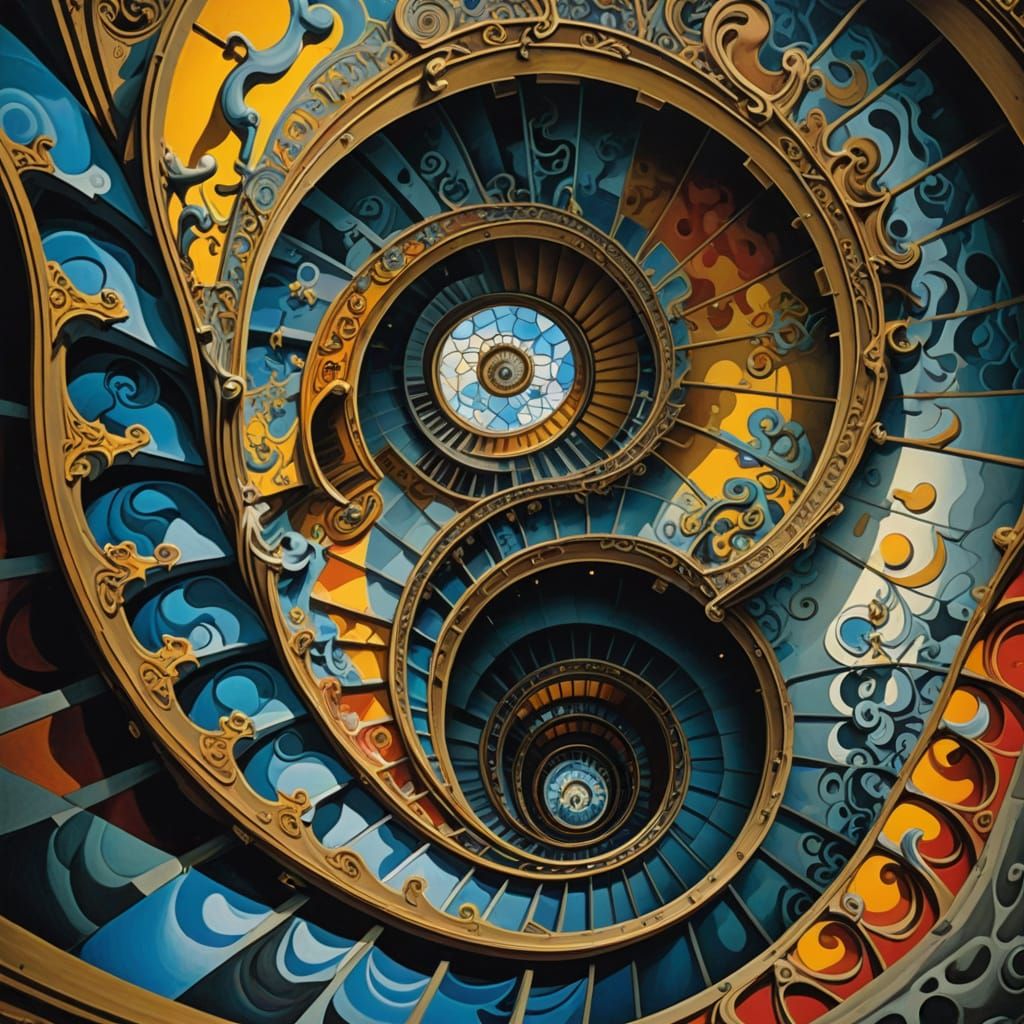 Vibrant Spiral Staircase in Triadic Colors
