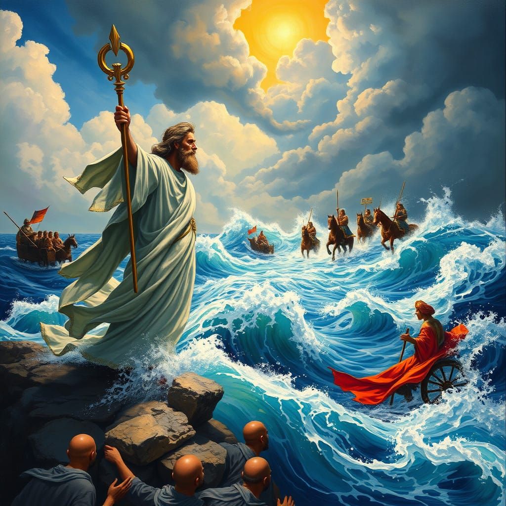 Moses Parting the Turbulent Sea in a Dramatic Biblical Scene