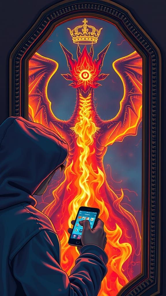 A Modern Person Faces Radiant Flame Reflection