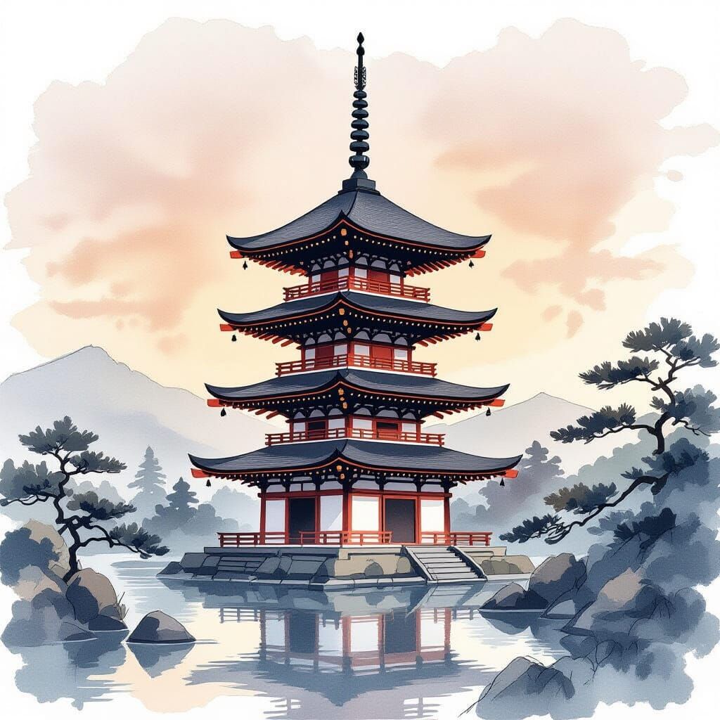 Elegant Watercolor Pagoda Illustration in Golden Hour Light
