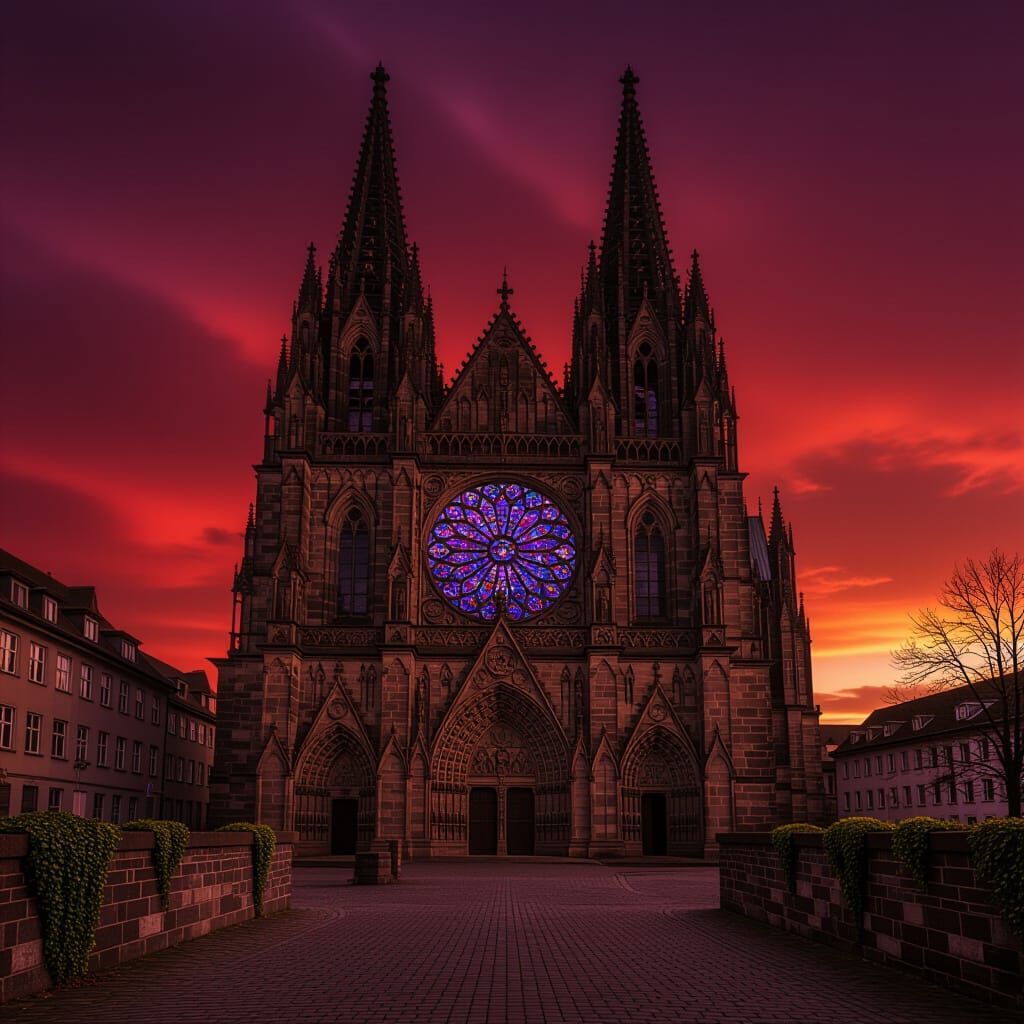 Colossal Gothic Cathedral Silhouette Against Blood Red Sky