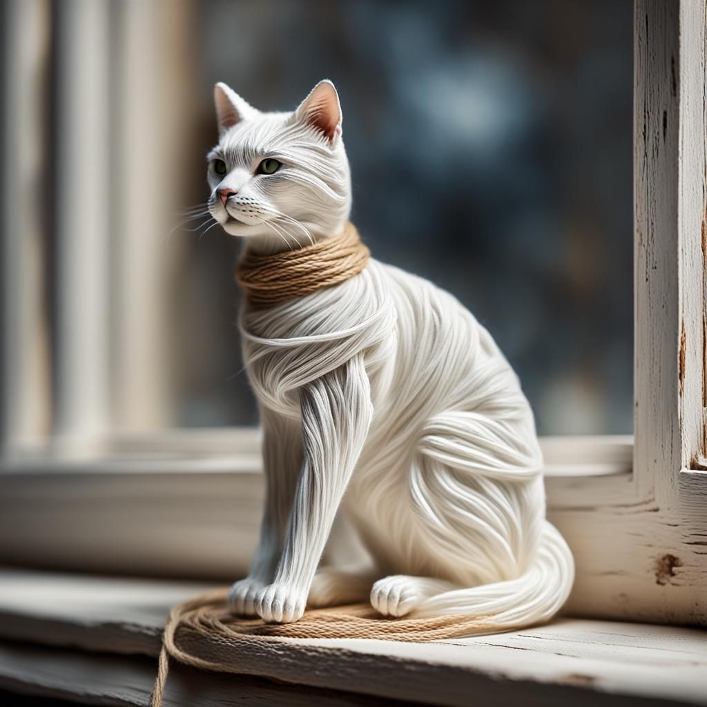 Elegant String Cat Sculpture: Hyperrealistic Macro Photograp...
