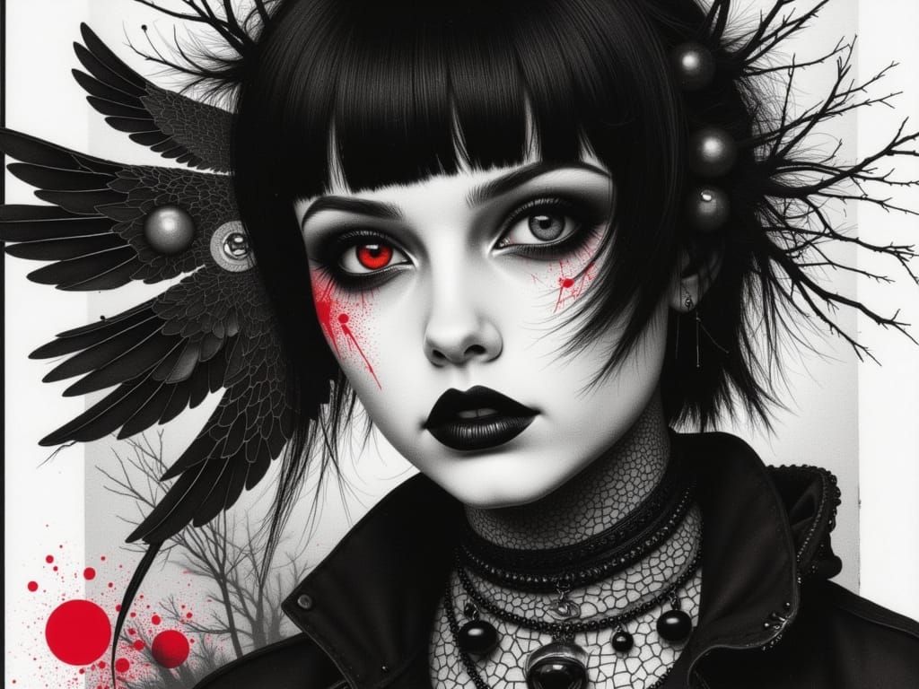 Cool Punk Girl in Gothic Darkwave Style Drawing