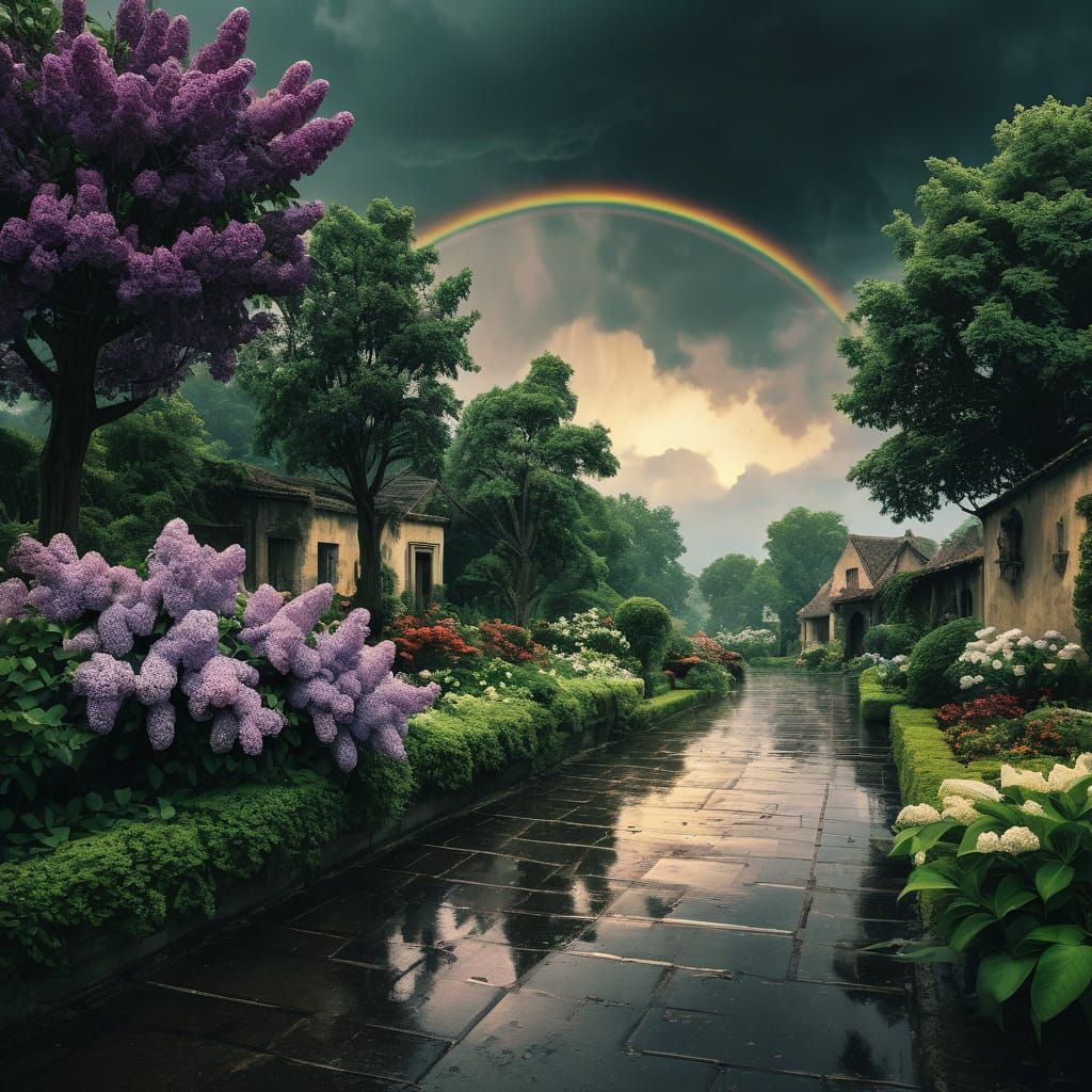 Stormy Landscape with Lilac Blooms in Vibrant HDR