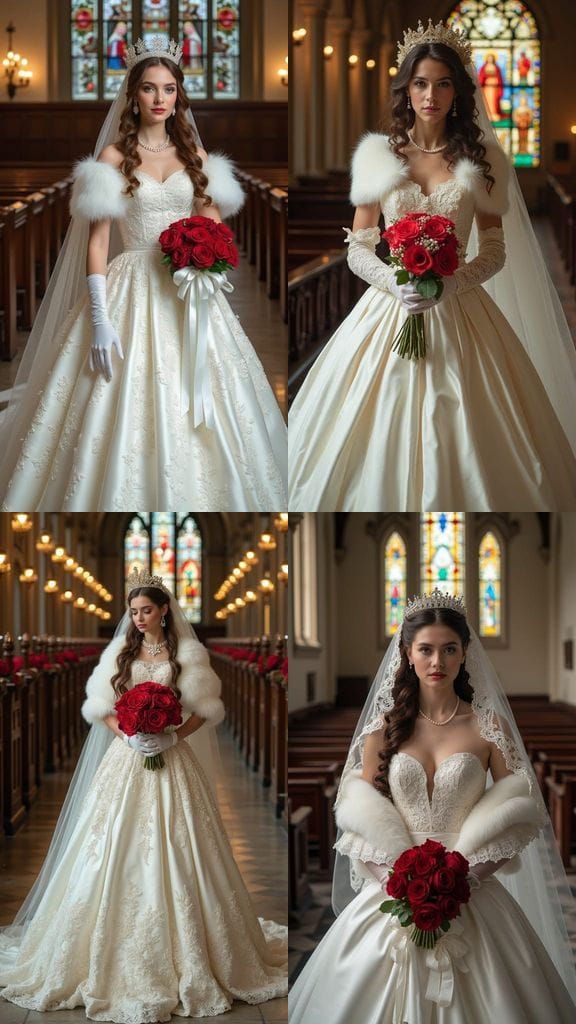 Regal Bride in Classic Wedding Attire with Stained Glass Bac...
