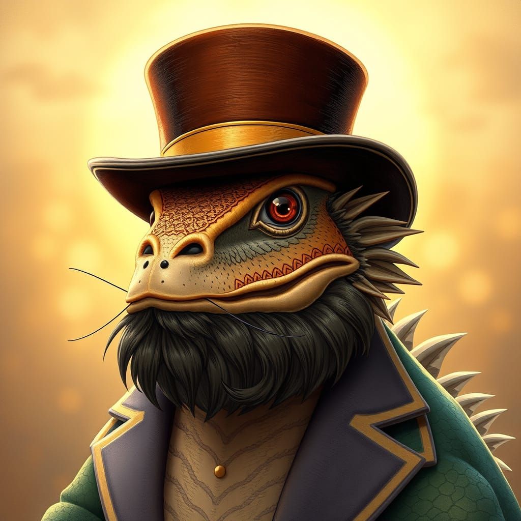 Bearded Dragon in Top Hat, Art Nouveau Style