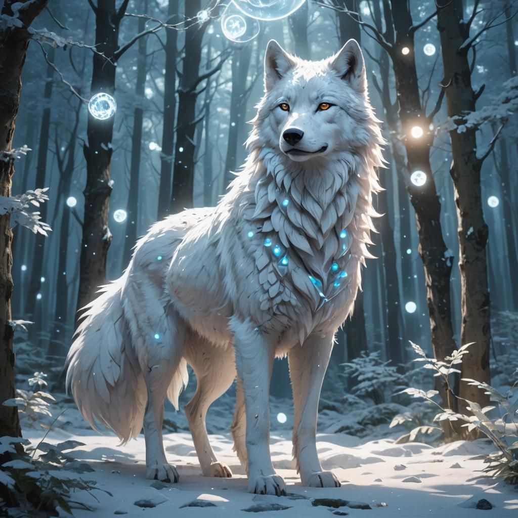 Majestic Crystal White Wolf Stands in Vibrant Moonlit Forest