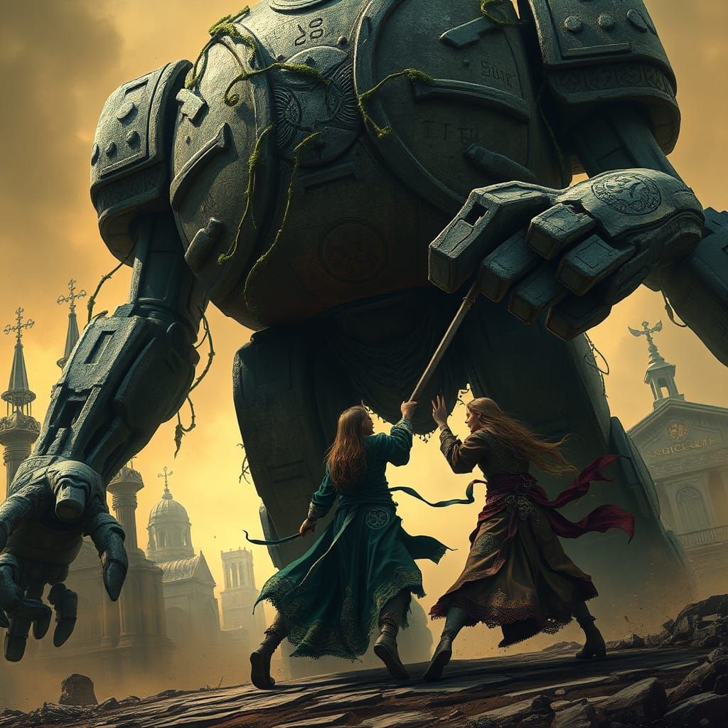 Stone Robot Captures Three Figures in Ancient City