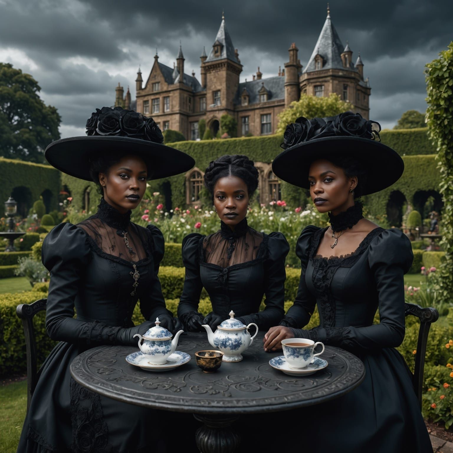 Gothic Victorian Women's Tea Party in Garden Maze