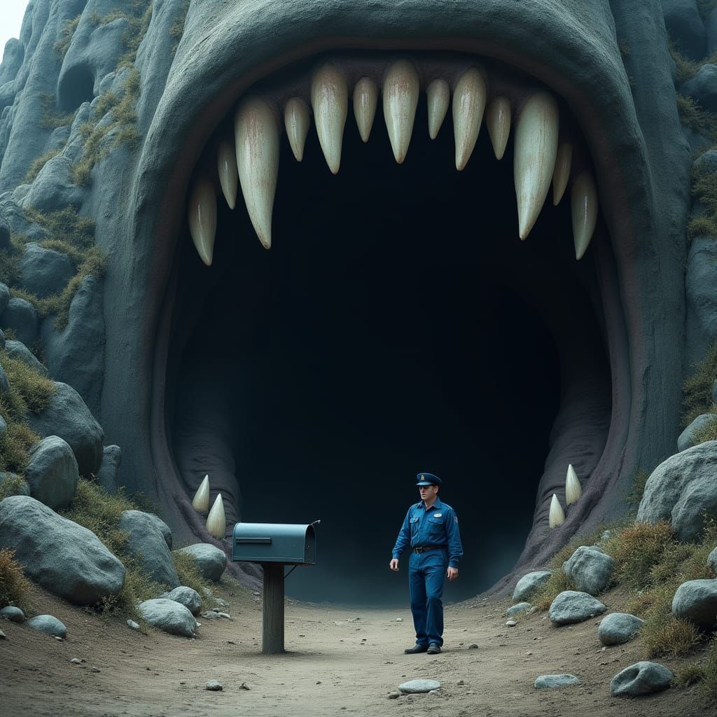 Surreal Mailman at the Entrance of a Dark Cave Mouth