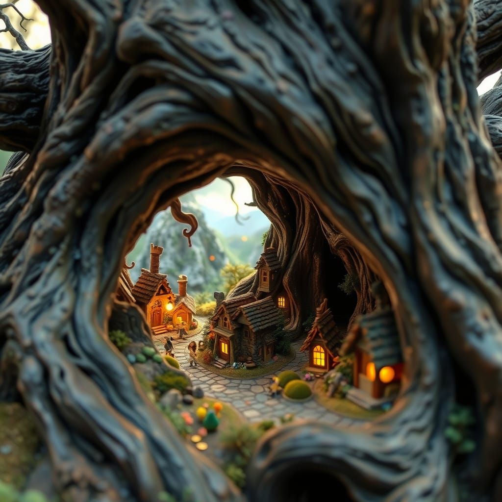 Whimsical Miniature Village in Ancient Tree