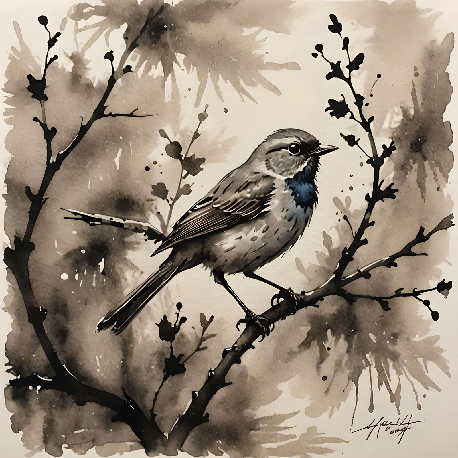 Songbird in Ink Wash Style