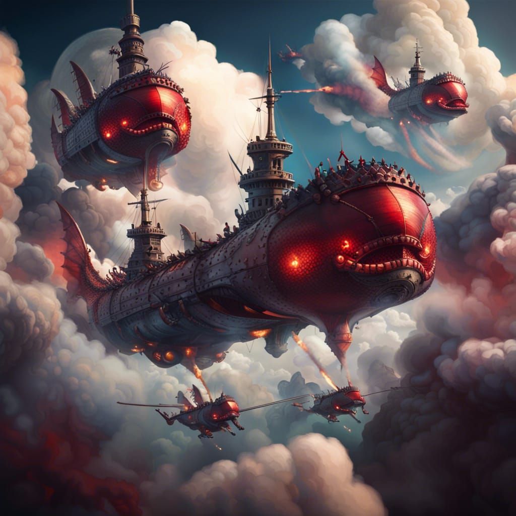 Zeppelin Warships Fighting Dragons in a Matte Painting