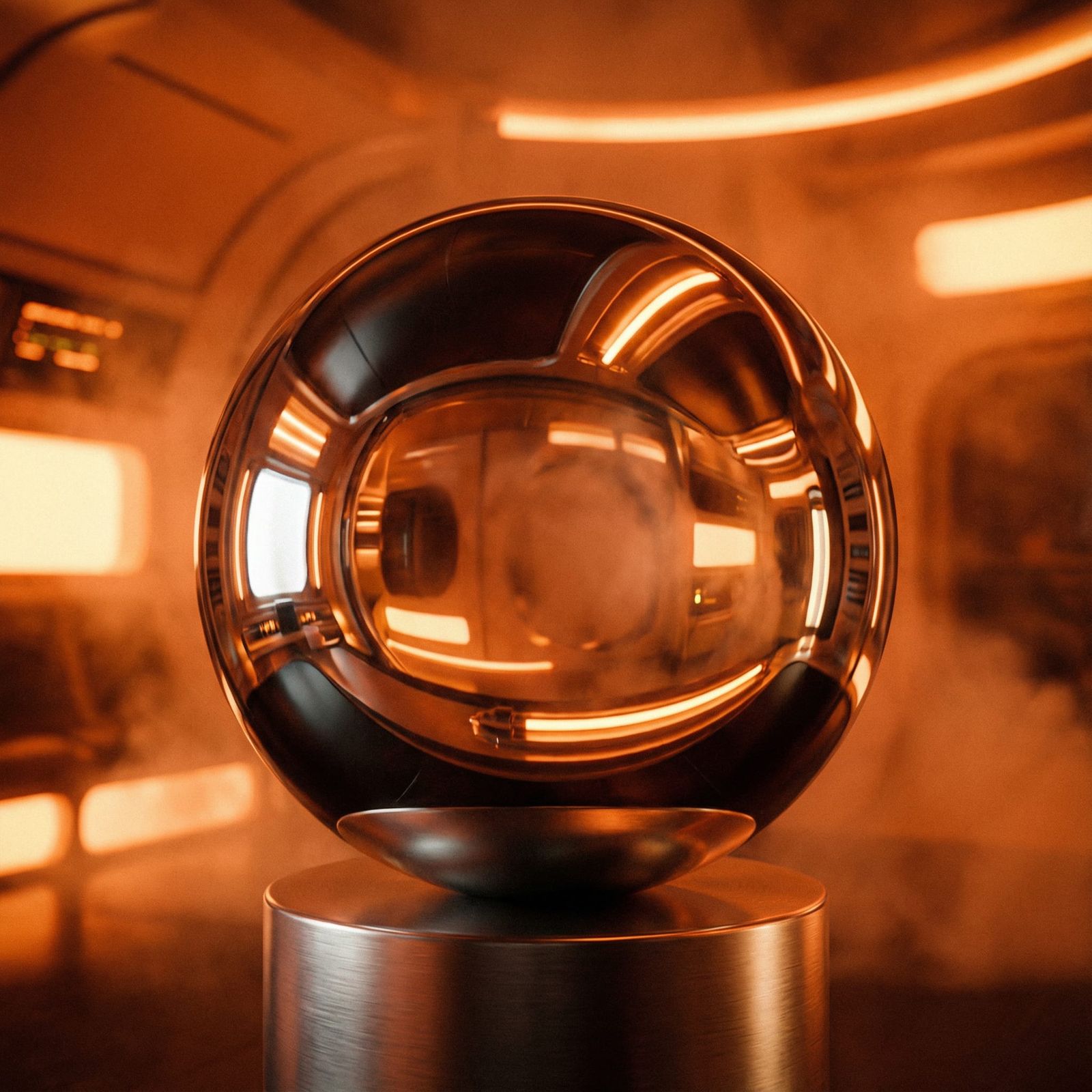 Polished Chrome Sphere in Retro-Futuristic Orange Glow