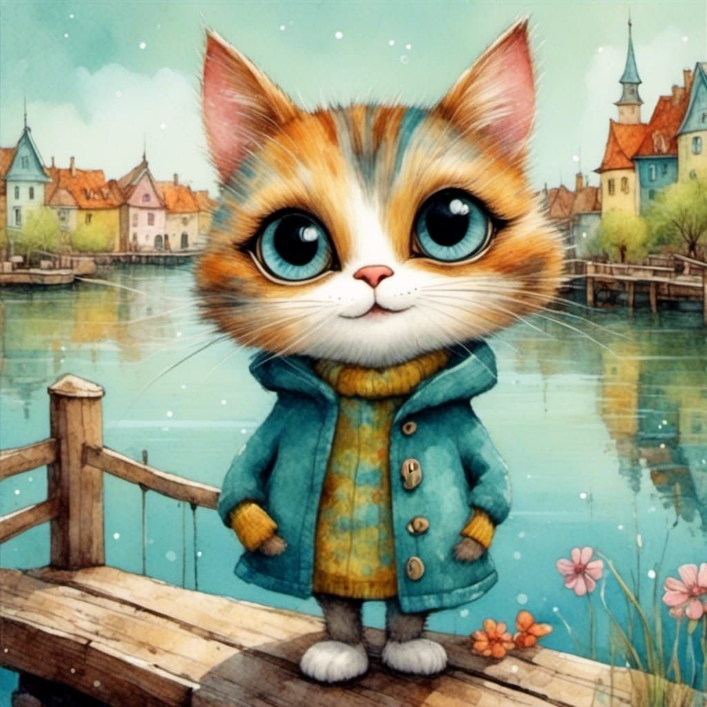 Whimsical Cat with Big Eyes on Lakeside Dock