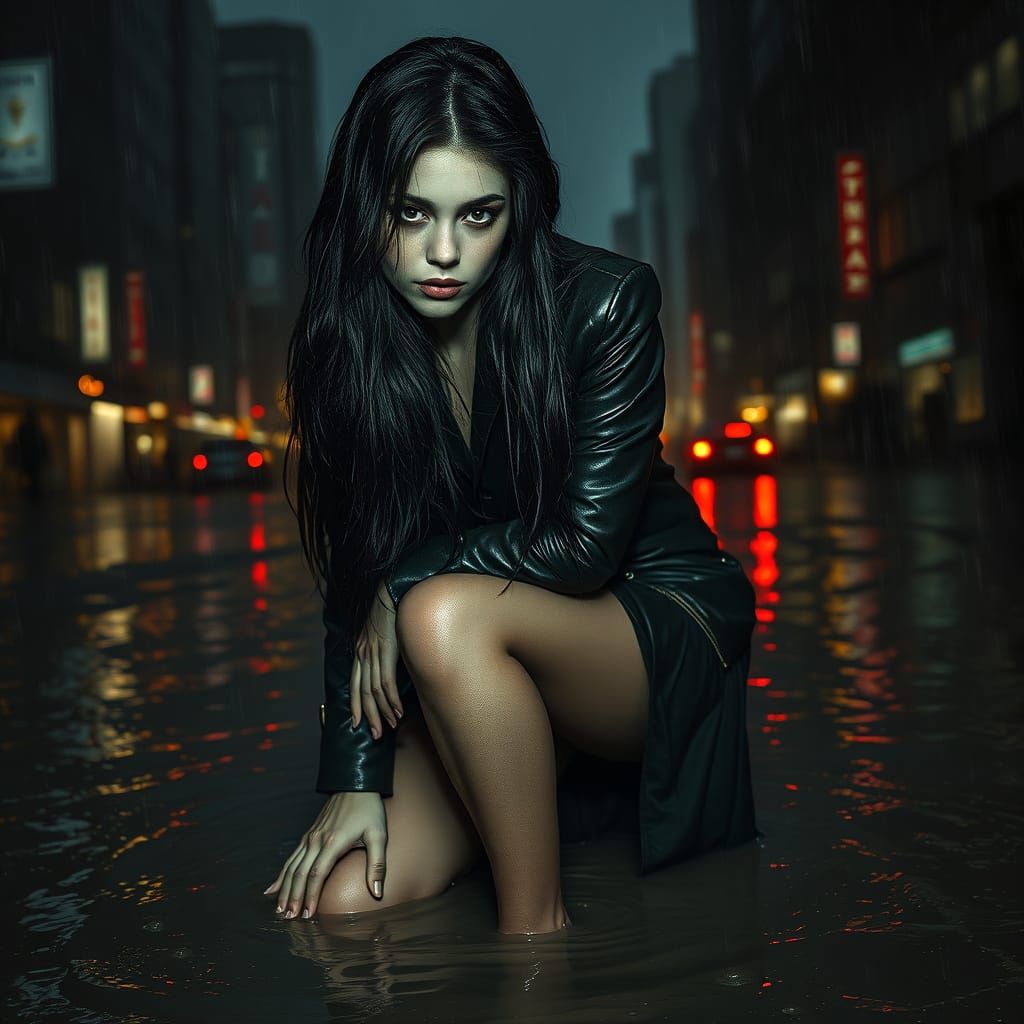 Mysterious Woman in Rainy Cityscape