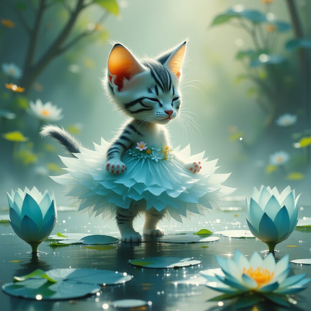 Whimsical Kitten in Ballet Pose on a Lotus Flower