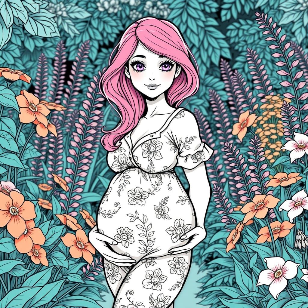 Enchanting Garden Goddess with Baby Bump, Art Nouveau Style