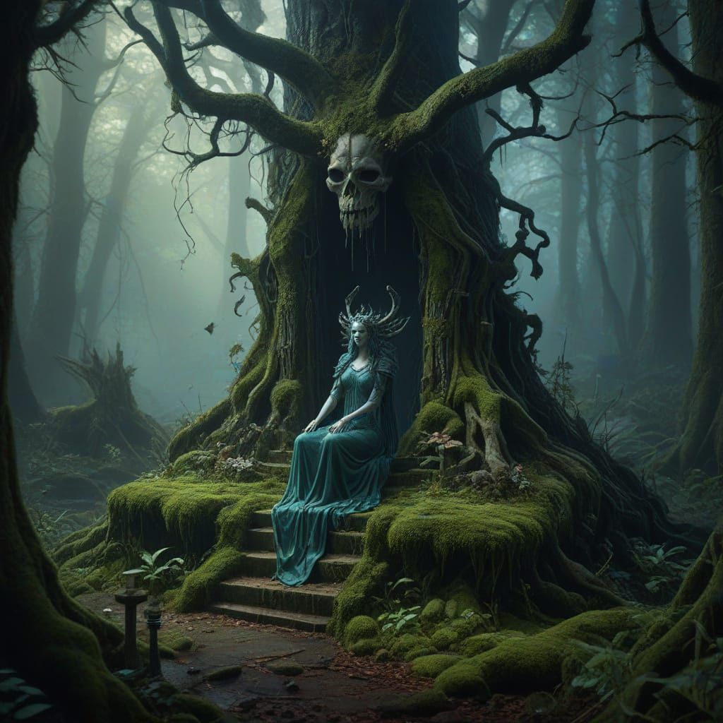 Ancient Demon Altar in Enchanted Forest with Fungi