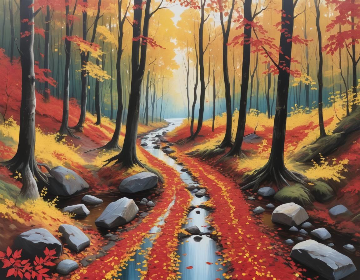 Autumn Forest Path with Deer: A Vibrant Painting