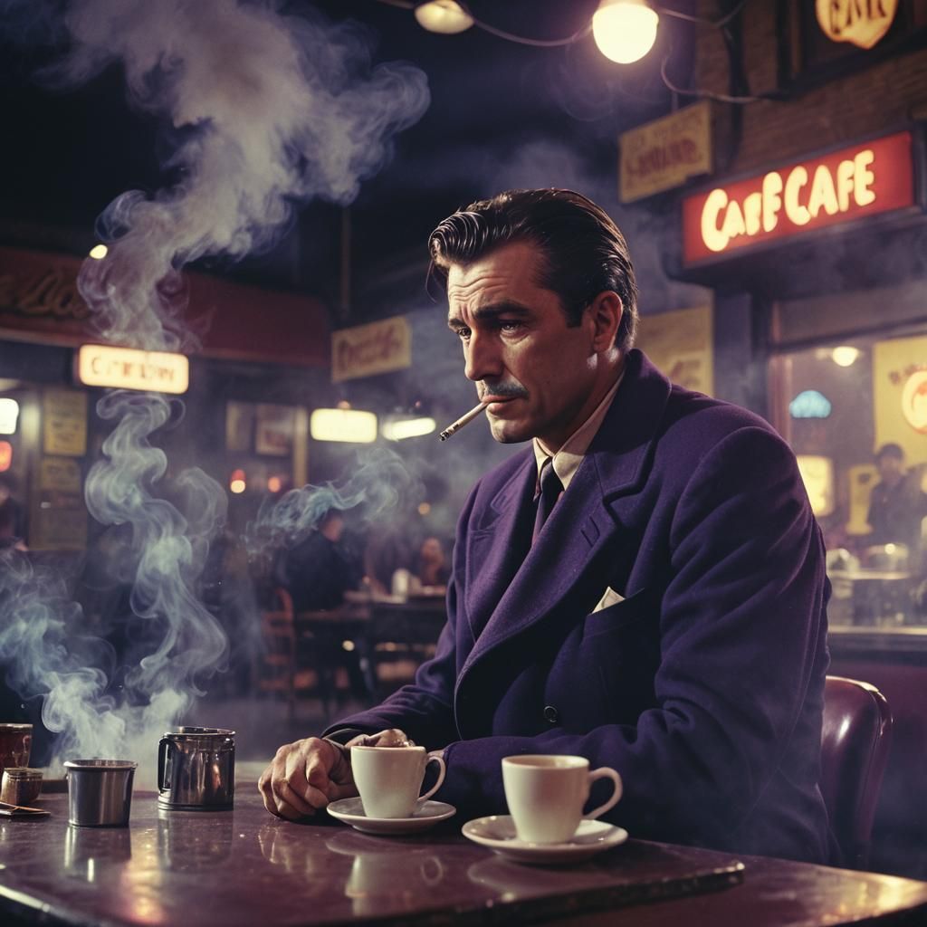 Film Noir Man in Cafe with Cigarette Smoke