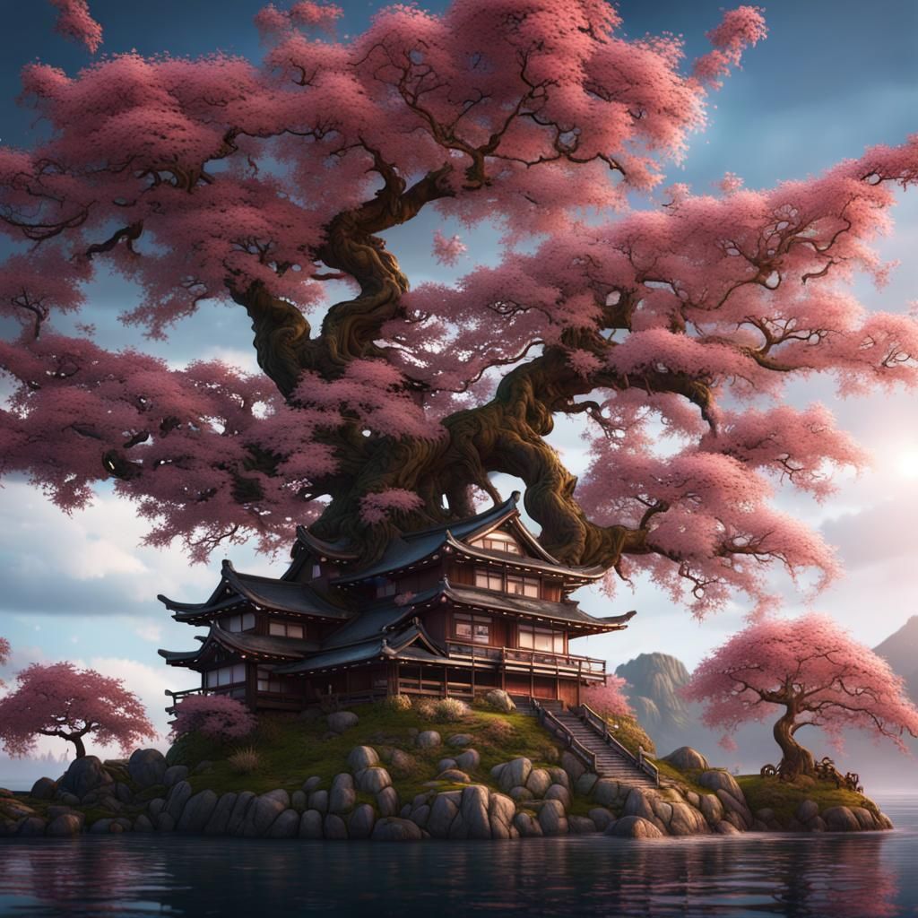 Japanese Cherry Tree Island: Detailed Matte Painting