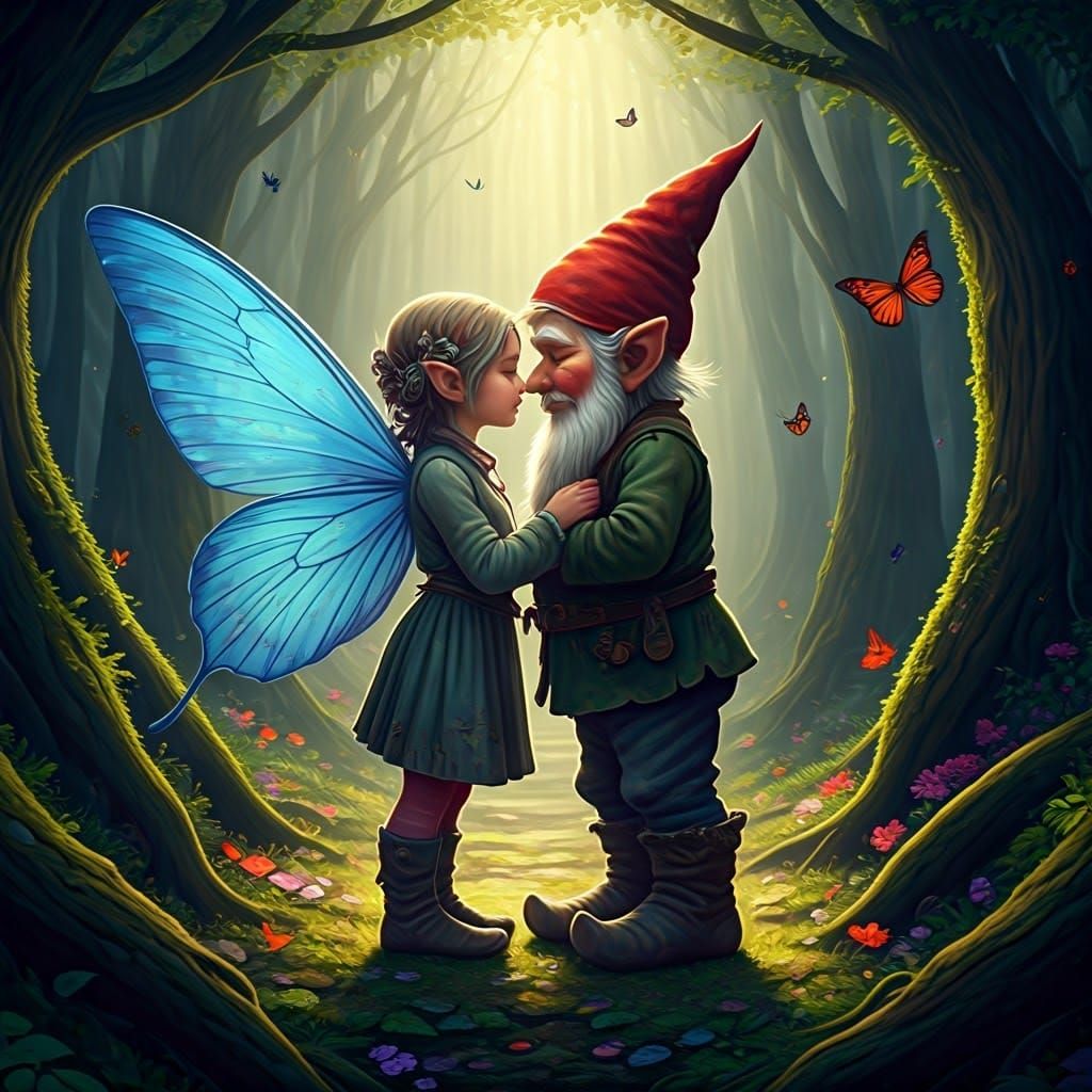Gnome and Fairy's Kiss in Enchanted Forest