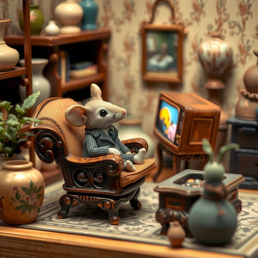 Mouse Relaxing in Miniature Dollhouse Living Room