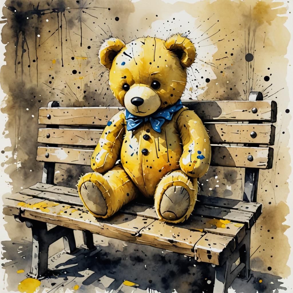 Sad Teddy Bear on Bench in Watercolor Style