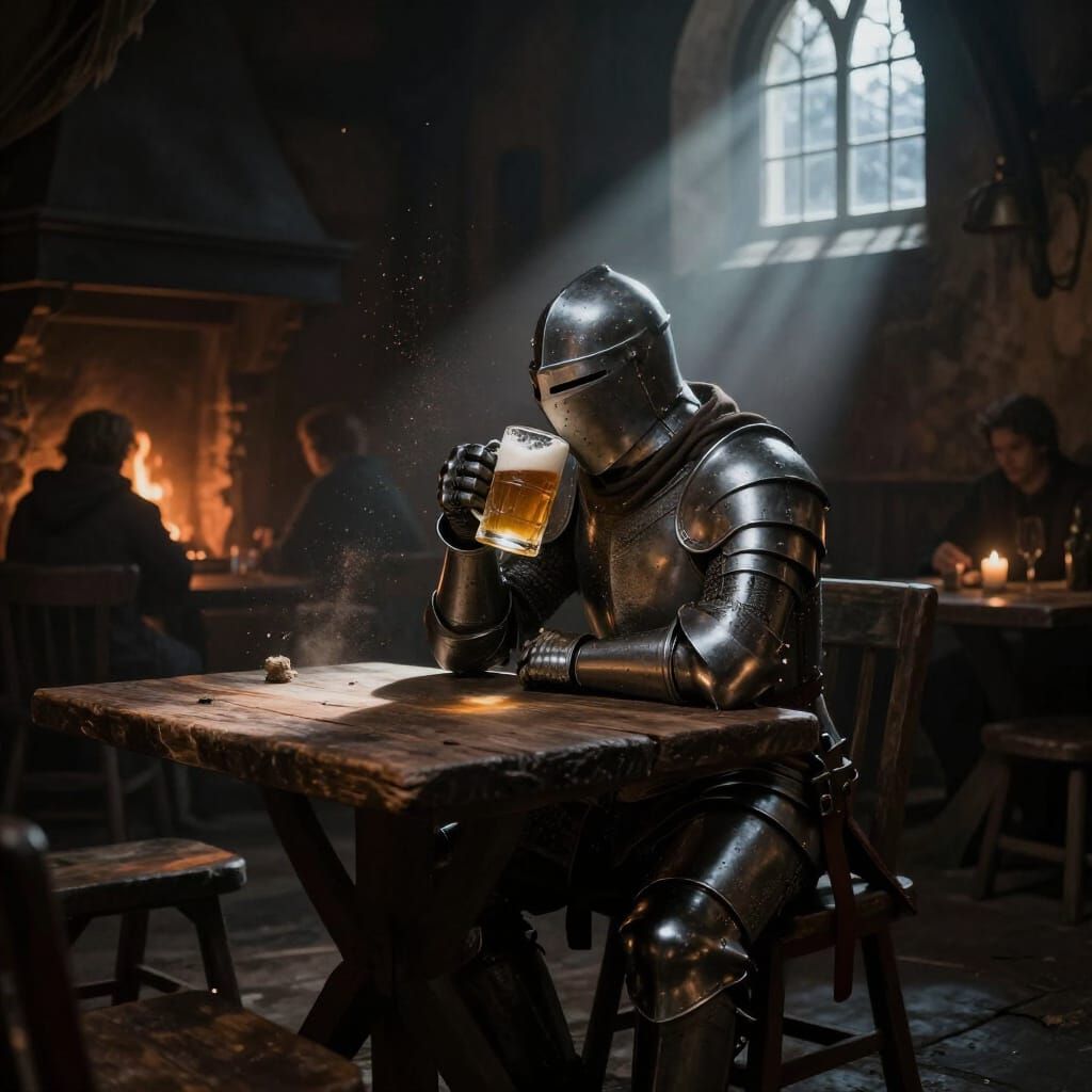 Knight in Dim Tavern, Dark Fantasy Concept Art