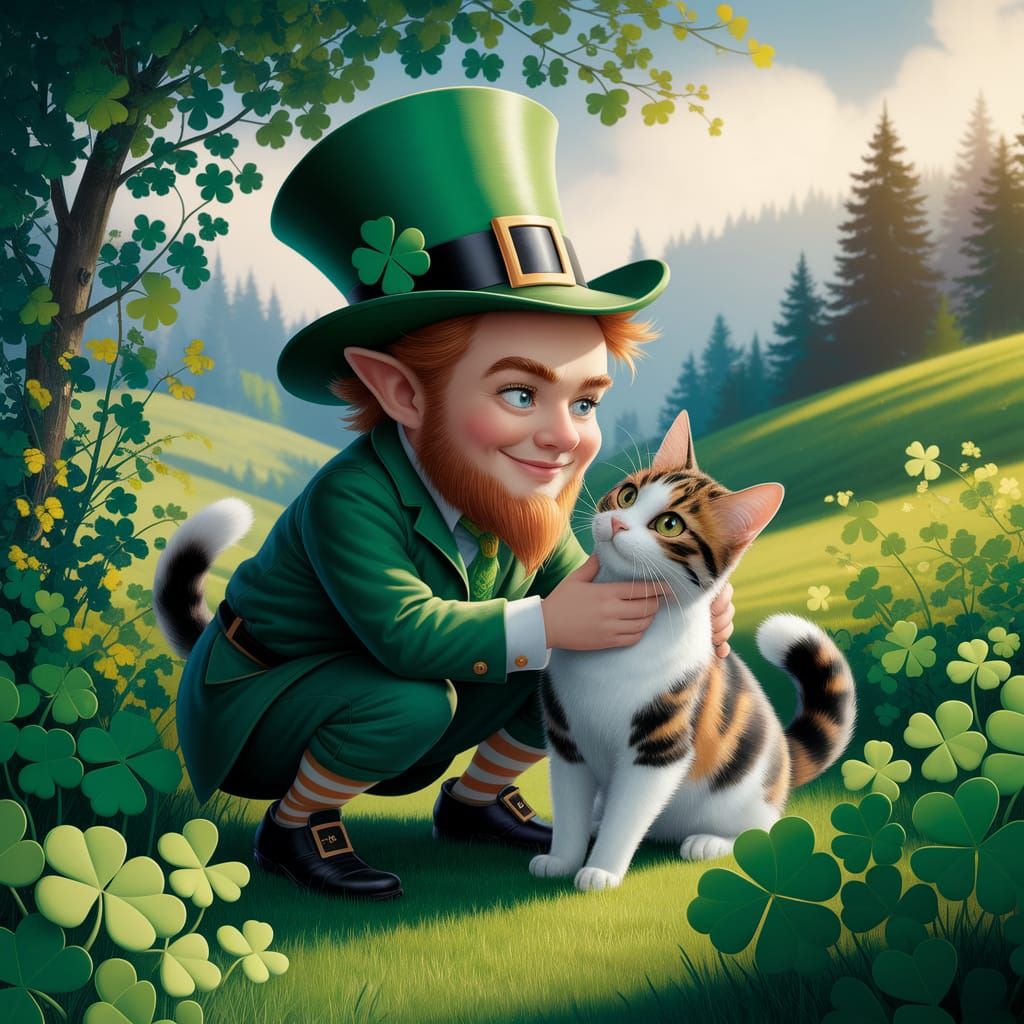 Leprechaun Enchants Whimsical Feline Friend in Emerald Meado...