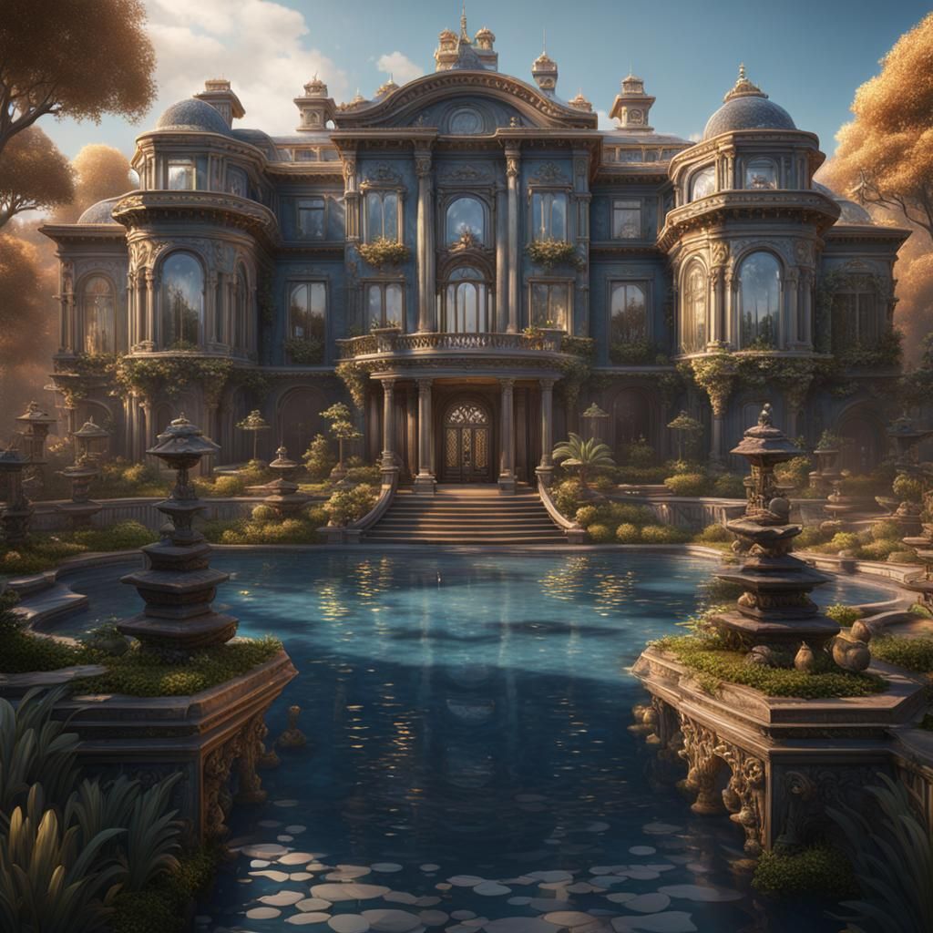 Extravagant Mansion Exterior with Pool: Detailed Matte Paint...