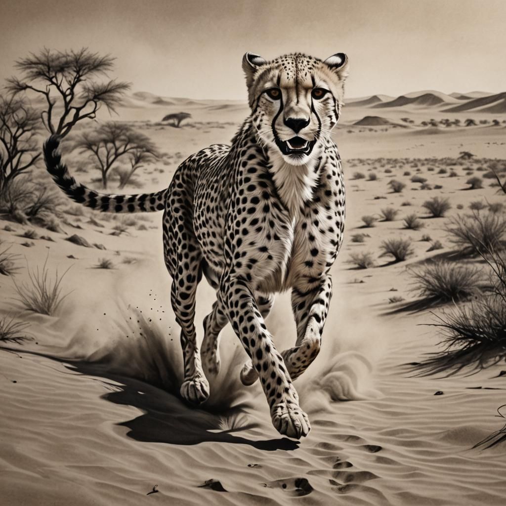 Cheetah Running in Sahara: Charcoal Drawing