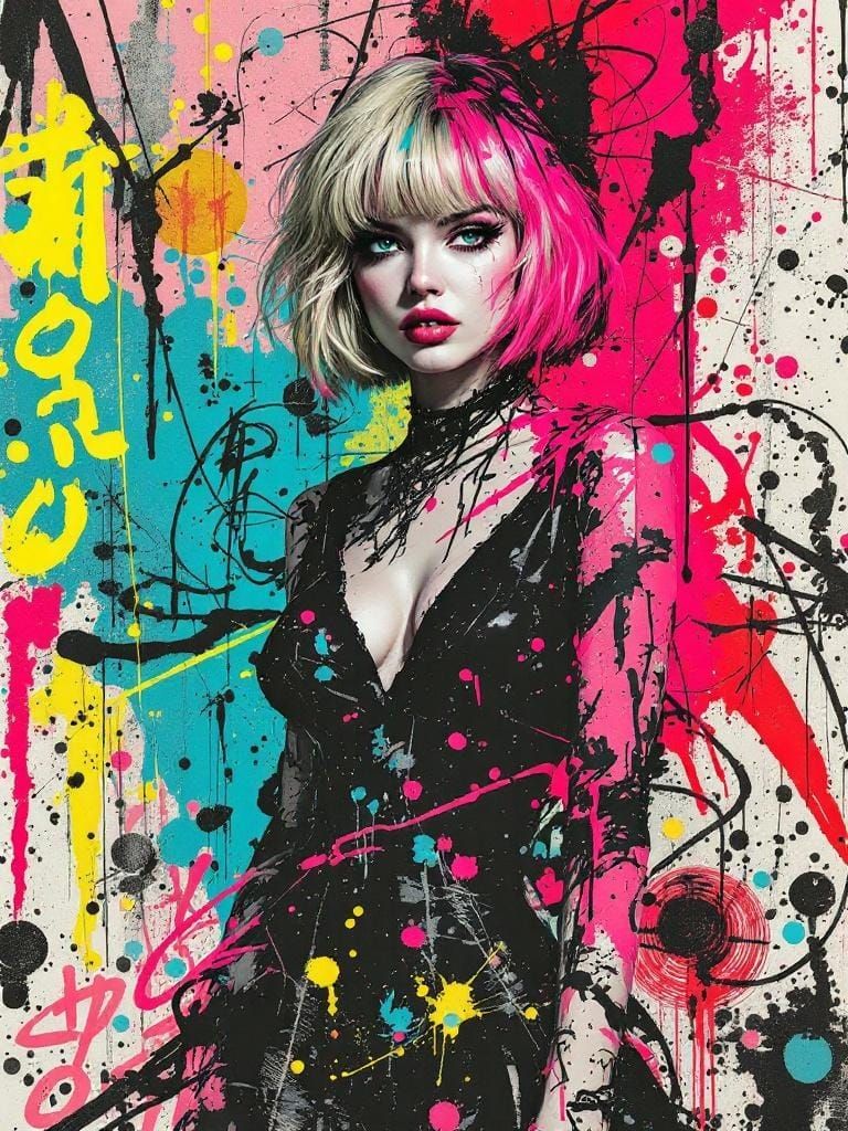 Bold Pin-Up in Punk Zine Aesthetic with Kinetic Brushwork