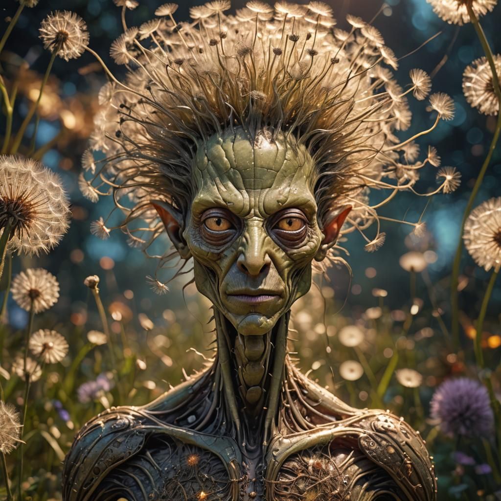 Bizarre Alien with Dandelion Hair in Graffiti Art