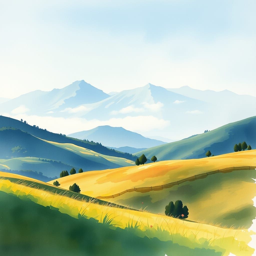 Serene Watercolor Landscape with Misty Mountains