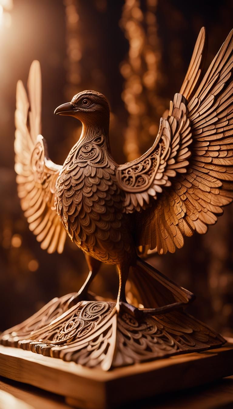 Majestic Bird on Intricate Wood Carving