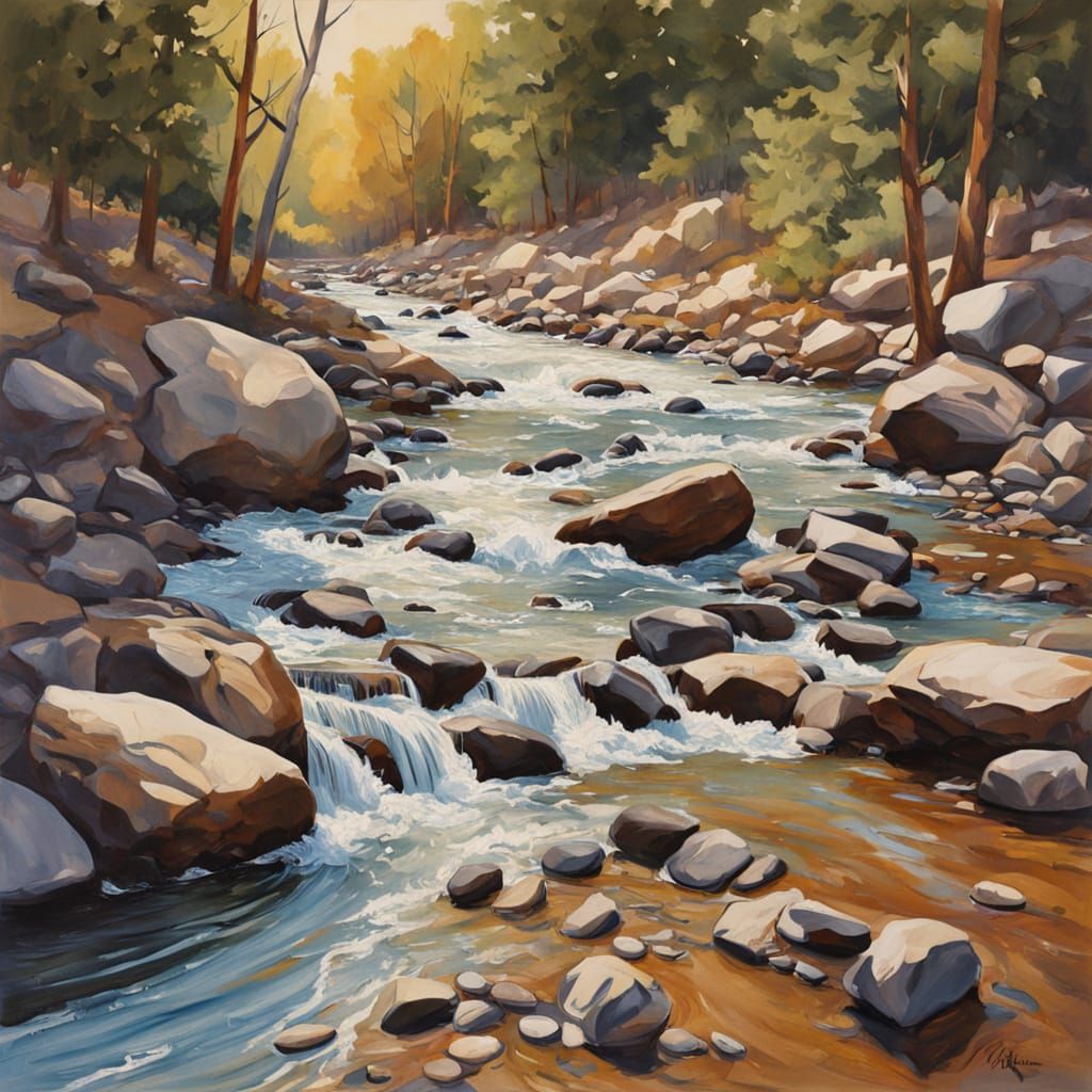 Gouache Painting of Water Flowing Over Stones