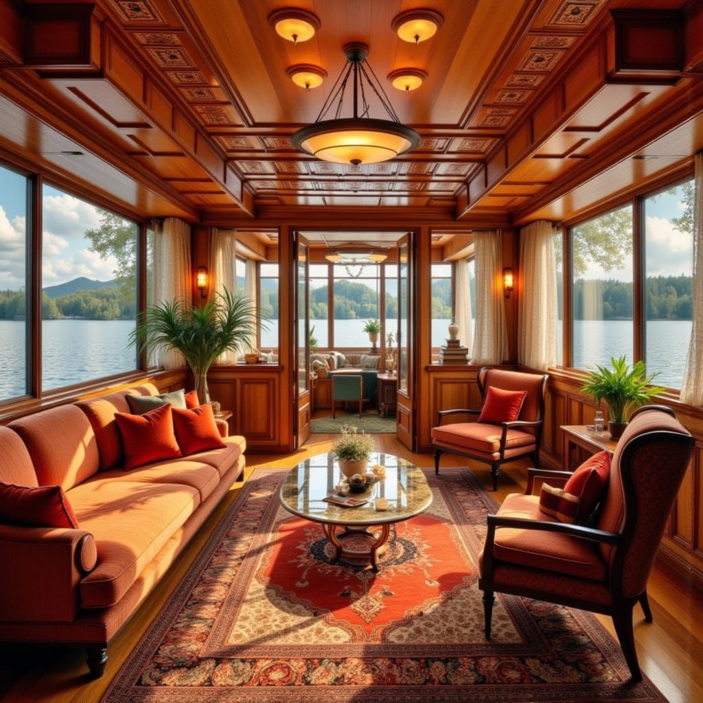 Serene Houseboat Interior in Art Nouveau Style