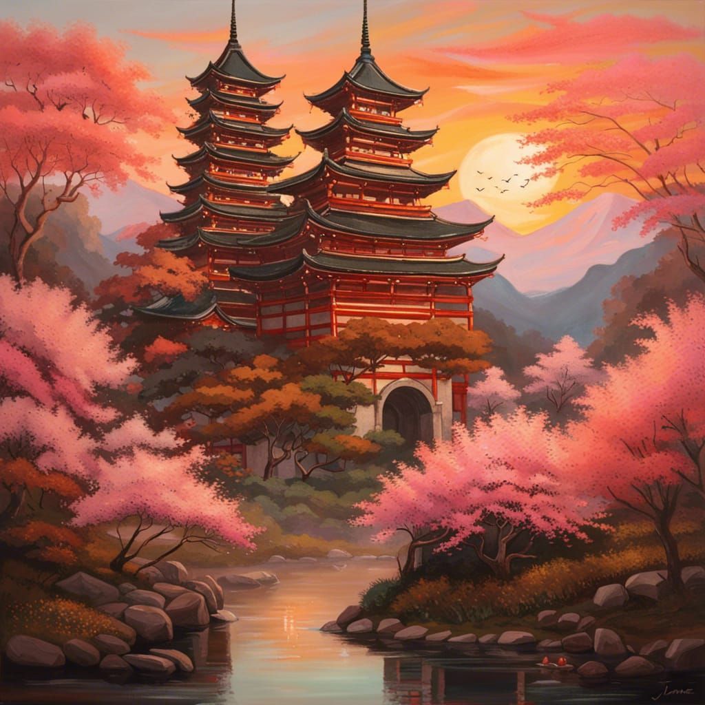 Japanese Temple and Cherry Blossoms at Sunrise
